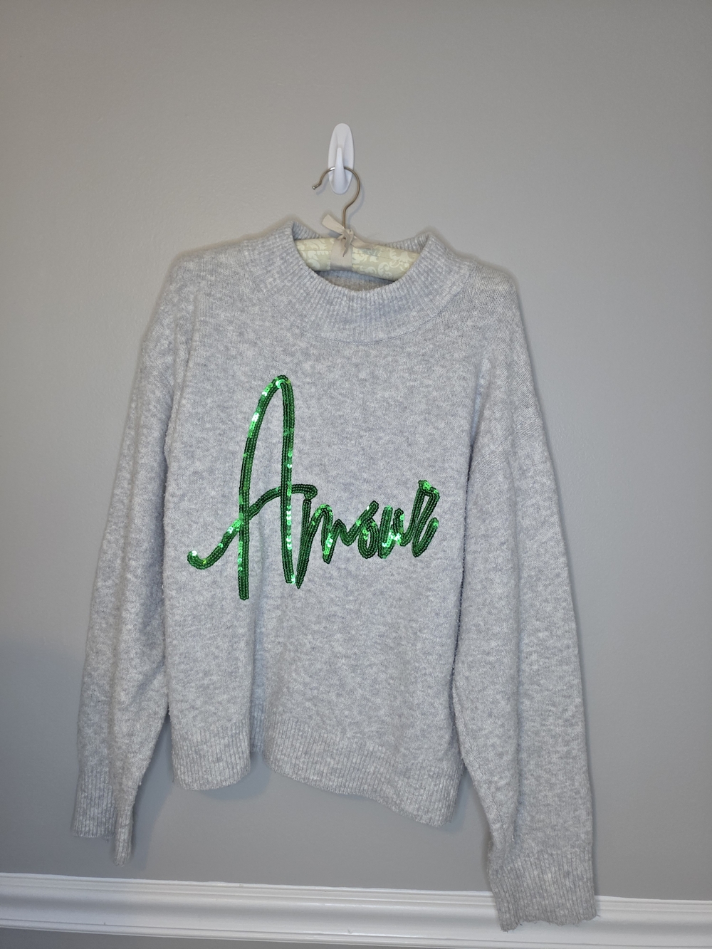 a new day Gray Pullover Sweater with Green Sequin 'Amour' Script